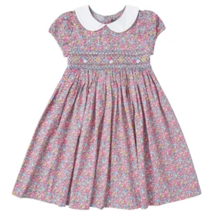 Pink Floral Smocked Dress with Classic White Collar