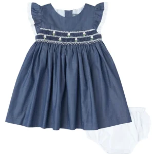 Navy Smocked Dress with Ruffled Sleeves & Bloomer