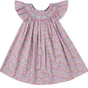 Pink Floral Smocked Dress with Flutter Sleeves